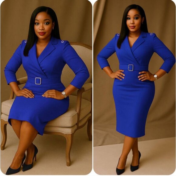 Women Belted V-Neck Sheath Midi Dress in Green, Black & Blue- S, M , L, XL - Picture 3 of 3